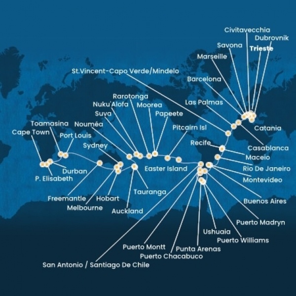 Costa Deliziosa - Olaszország, Horvátország, Franciaország, Spanyolország, Marokkó, Kanári-szigetek, Zöld-Foki Köztársaság, Brazília, Uruguay, Argentína, Chile, Francia Polinézia, Új-Zéland, Ausztrália, South Africa