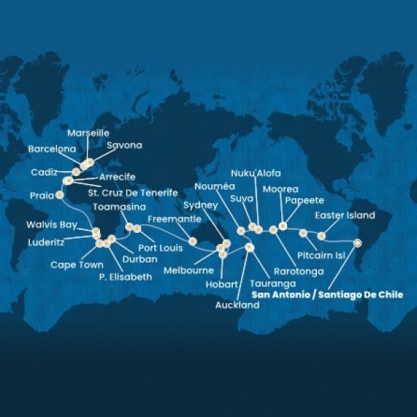 Costa Deliziosa - Chile, Francia Polinézia, Tonga, Fiji, Hawaii, Új-Zéland, Ausztrália, Mauritius, South Africa, Namibia, Kanári-szigetek, Spanyolország, Franciaország, Olaszország