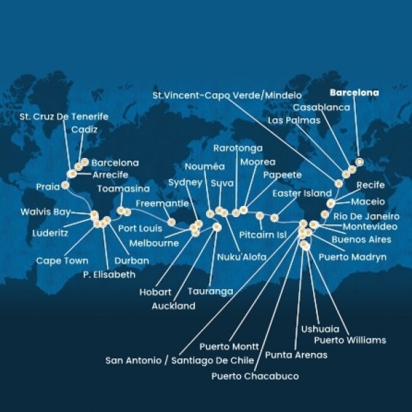 Costa Deliziosa - Spanyolország, Marokkó, Kanári-szigetek, Zöld-Foki Köztársaság, Brazília, Uruguay, Argentína, Chile, Francia Polinézia, Tonga, Fiji, Új-Zéland, Ausztrália, South Africa, Namibia