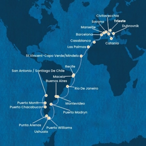 Costa Deliziosa - Olaszország, Horvátország, Franciaország, Spanyolország, Marokkó, Kanári-szigetek, Zöld-Foki Köztársaság, Brazília, Uruguay, Argentína, Chile