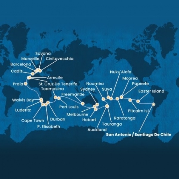 Costa Deliziosa - Chile, Francia Polinézia, Tonga, Fiji, Hawaii, Új-Zéland, Ausztrália, Mauritius, South Africa, Namibia, Kanári-szigetek, Spanyolország, Franciaország, Olaszország