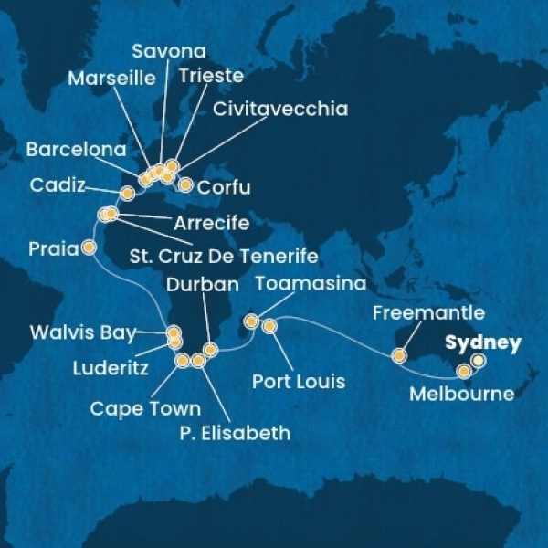 Costa Deliziosa - Ausztrália, Mauritius, South Africa, Namibia, Kanári-szigetek, Spanyolország, Franciaország, Olaszország, Görögország