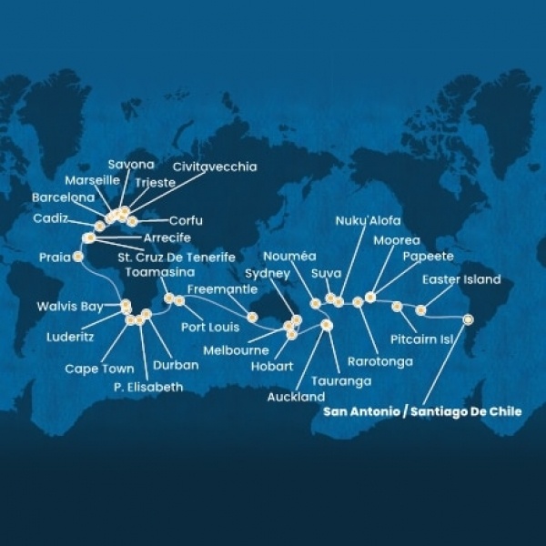 Costa Deliziosa - Chile, Francia Polinézia, Tonga, Fiji, Hawaii, Új-Zéland, Ausztrália, Mauritius, South Africa, Namibia, Kanári-szigetek, Spanyolország, Franciaország, Olaszország, Görögország