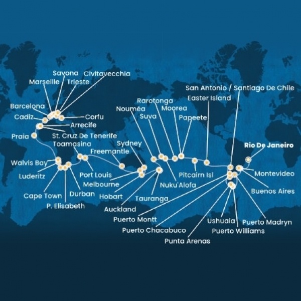 Costa Deliziosa - Brazília, Uruguay, Argentína, Chile, Francia Polinézia, Tonga, Fiji, Hawaii, Új-Zéland, Ausztrália, South Africa, Namibia, Kanári-szigetek, Spanyolország, Olaszország