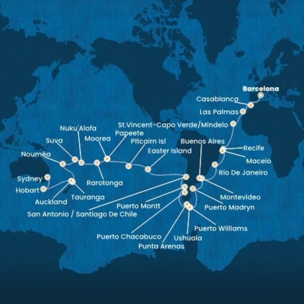 Costa Deliziosa - Spanyolország, Marokkó, Kanári-szigetek, Zöld-Foki Köztársaság, Brazília, Uruguay, Argentína, Chile, Francia Polinézia, Tonga, Fiji, Hawaii, Új-Zéland, Ausztrália