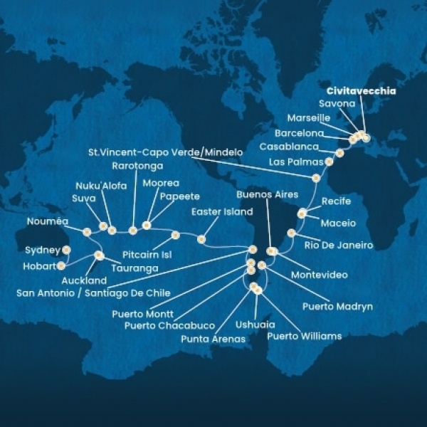 Costa Deliziosa - Olaszország, Franciaország, Spanyolország, Marokkó, Kanári-szigetek, Zöld-Foki Köztársaság, Brazília, Uruguay, Argentína, Chile, Francia Polinézia, Tonga, Fiji, Új-Zéland, Ausztrália