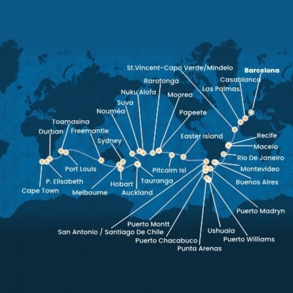 Costa Deliziosa - Spanyolország, Marokkó, Kanári-szigetek, Zöld-Foki Köztársaság, Brazília, Uruguay, Argentína, Chile, Francia Polinézia, Tonga, Fiji, Hawaii, Új-Zéland, Ausztrália, South Africa