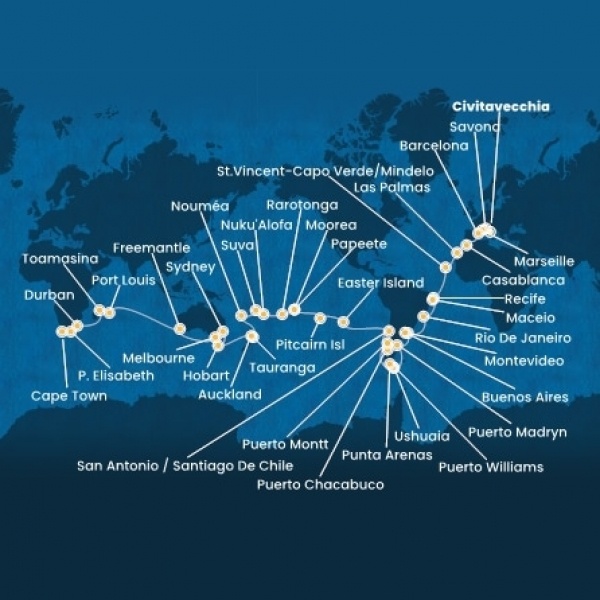 Costa Deliziosa - Olaszország, Franciaország, Spanyolország, Marokkó, Kanári-szigetek, Zöld-Foki Köztársaság, Brazília, Uruguay, Argentína, Chile, Francia Polinézia, Tonga, Új-Zéland, Ausztrália, South Africa