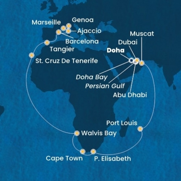 Costa Smeralda - Egyesült Arab Emirátusok, Omán Szultánság, Mauritius, South Africa, Namibia, Kanári-szigetek, Marokkó, Spanyolország, Corsica (France), Olaszország, Franciaország